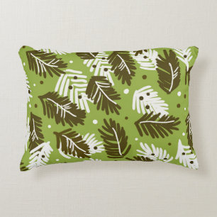 Green White Leaves: Coniferous Pattern Decorative Cushion