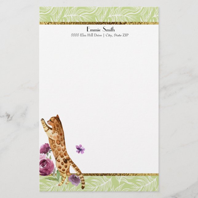 Green White Leaves Orange Cat Purple Flowers Stationery (Front)