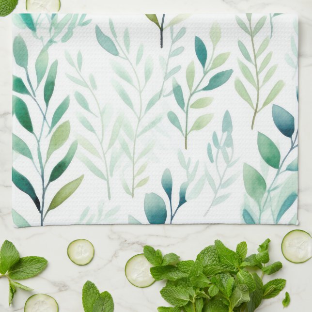 Green White Leaves Tea Towel (Folded)