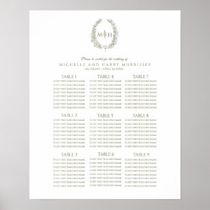 Green white leaves wreath wedding seating chart