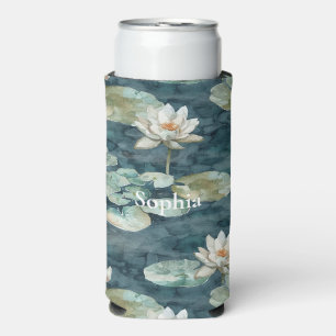 Green White Lily pad Lotus Flowers Seltzer Can Cooler