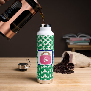 Green White Link Pattern Pink Bermuda Bag Purse Water Bottle