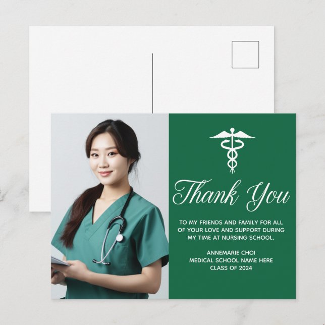 Green White Medical Caduceus Photo Thank You Postcard (Front/Back)