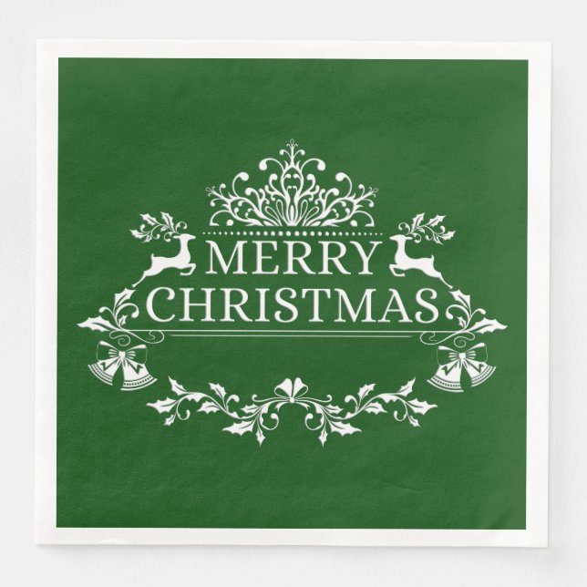 Green & White Merry Christmas Paper Napkins (Front)