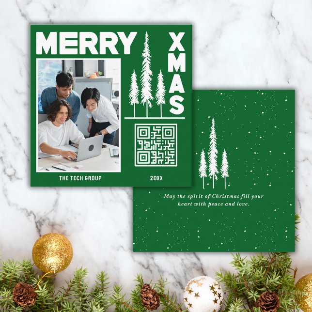 Green & White Merry Xmas QR Code Square Business Card (Wish your clients Merry Christmas & promote your business at the same time. Get yours today!)