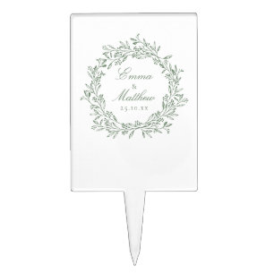Green & White Minimalist Botanical Wreath Logo Cake Pick