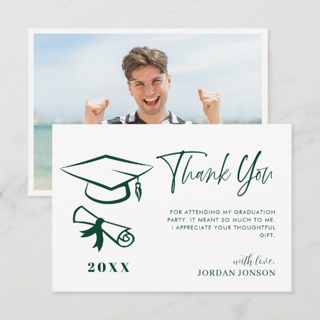 Green White Minimalist Modern Graduation Photo Thank You Card (Front/Back)