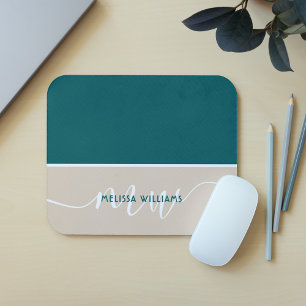 Green & White Minimalist Script Monogram Name Mouse Mat