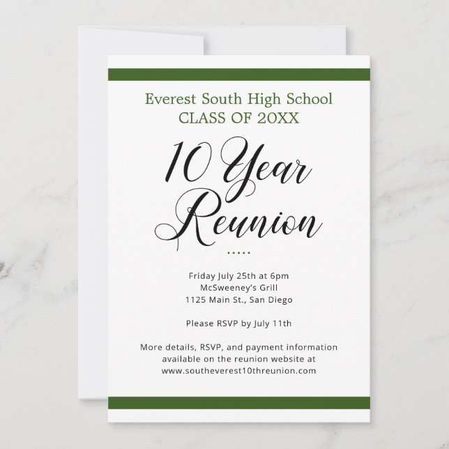 Green & White Minimalist Ten 10 Year Class Reunion Invitation (Front)