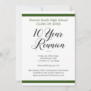 Green & White Minimalist Ten 10 Year Class Reunion Invitation
