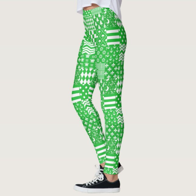 Green White Mixed Patterns Patchwork Design  Leggings (Creator Uploaded)