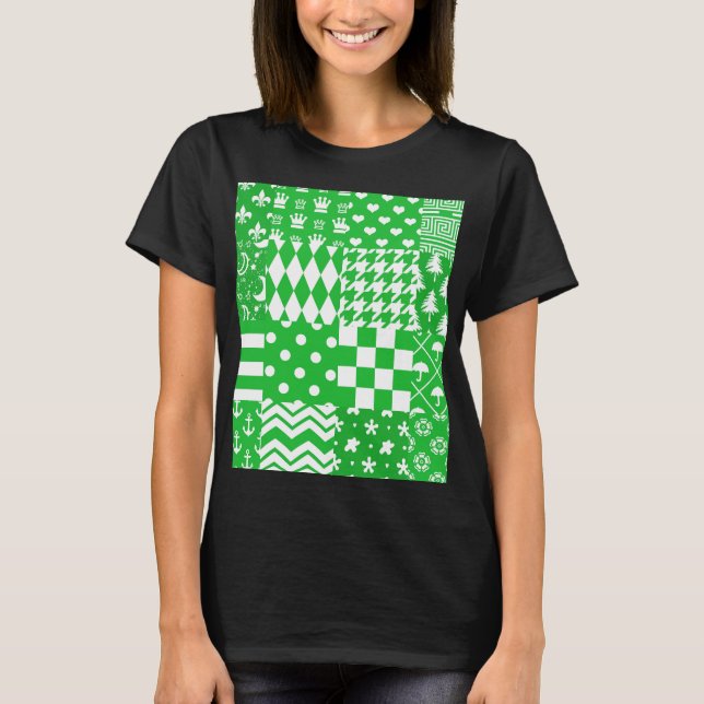 Green White Mixed Patterns Patchwork Design  T-Shirt (Front)