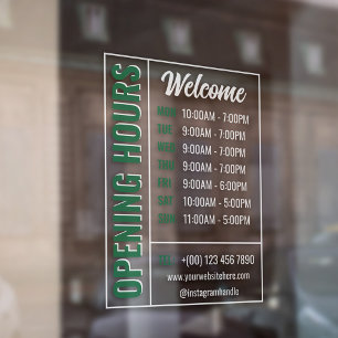 Green White Modern Opening Hours Contact Welcome Window Cling