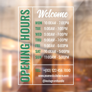 Green White Modern Opening Hours Contact Welcome Window Cling