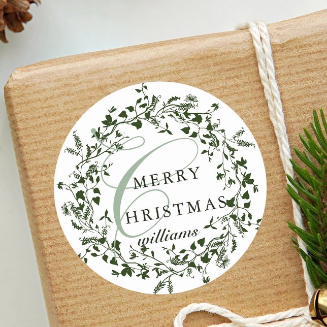 Green & White Modern Wildflower Wreath Christmas Classic Round Sticker (Creator Uploaded)