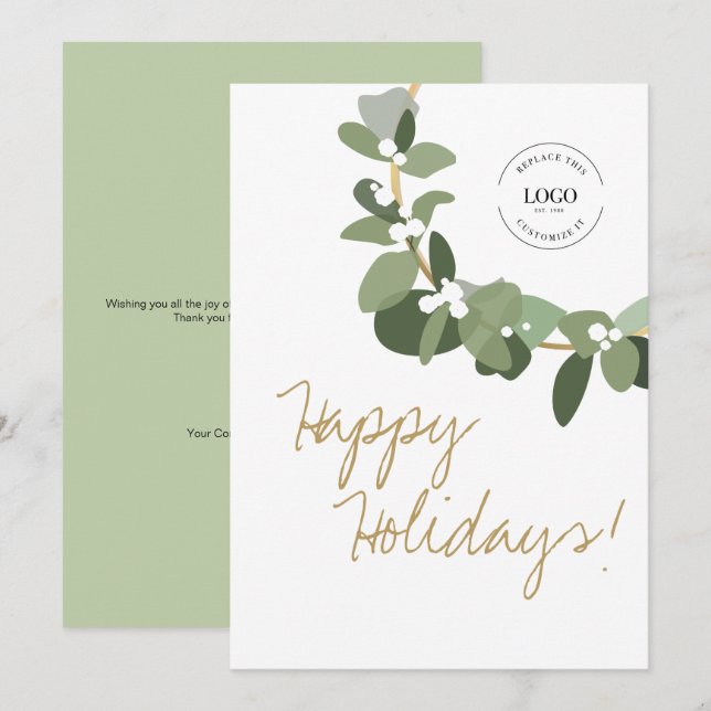 Green White Modern Wreath Business Logo Happy Holiday Card (Front/Back)