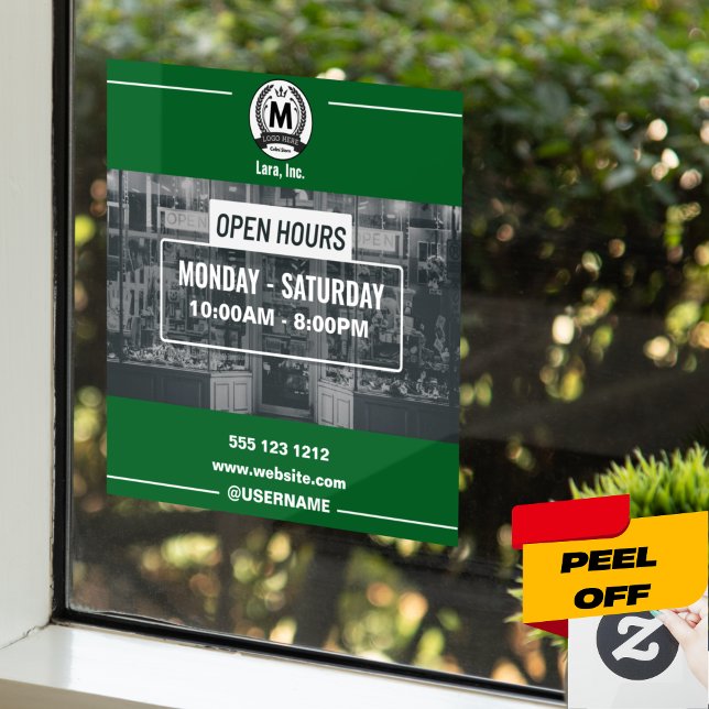Green White Monochrome Simple Open Hours Store  Window Cling (Minimalist Green & White Open Hours Window Clings & Frames)