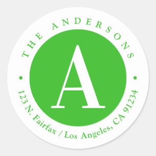 Green & White Monogram Return Address Classic Round Sticker