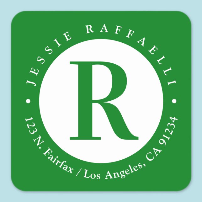 Green & White | Monogram Return Address Square Sticker (Creator Uploaded)