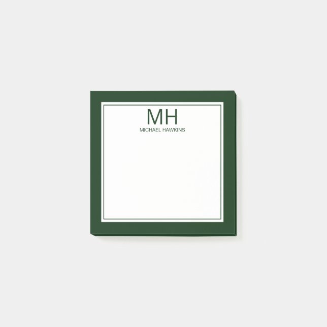 Green White Monogrammed Men's Post-it Notes (Front)