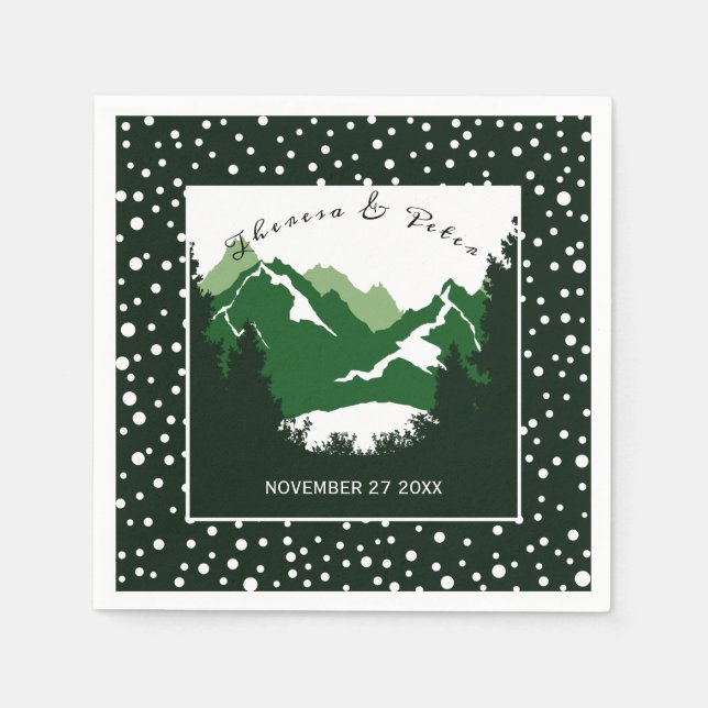 Green, white mountains and polka dots wedding napkin (Front)