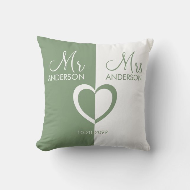 Green white Mr Mrs name heart wedding Throw Pillow (Front)