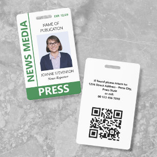 Green White News Media Press Photo ID Badge