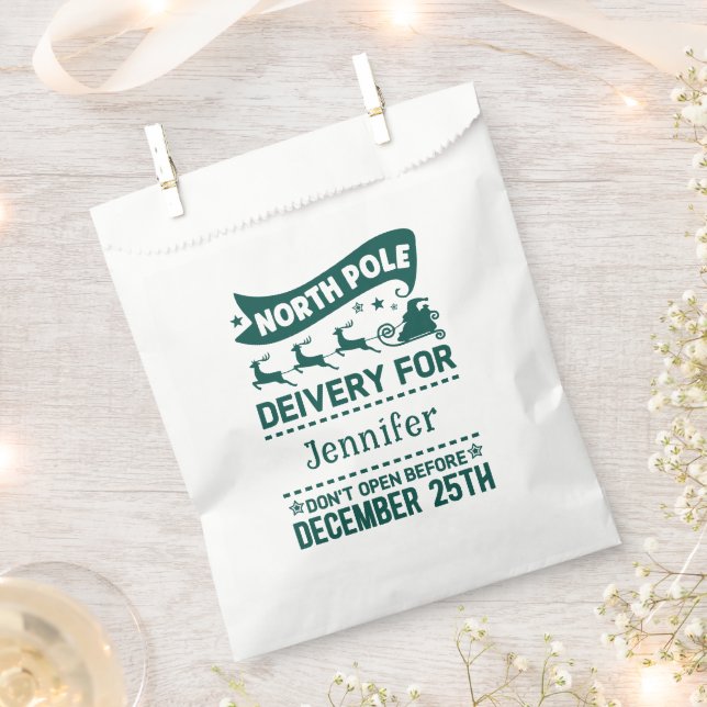 GREEN & White North Pole SANTA Delivery Name  Favour Bags (Clipped)