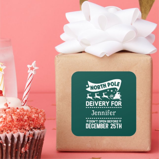 GREEN & White North Pole SANTA Delivery Name  Square Sticker (Party)