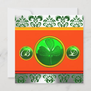 GREEN WHITE ORANGE  DAMASK ,SHAMROCK MONOGRAM INVITATION