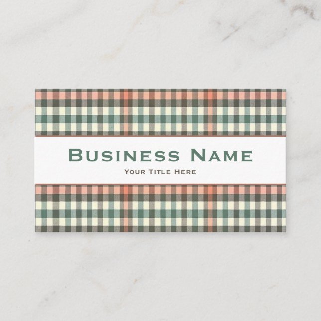 Green, White & Orange Plaid Business Card (Front)