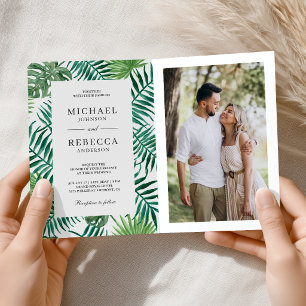 Green White Palm Leaves Tropical QR Code Wedding Invitation