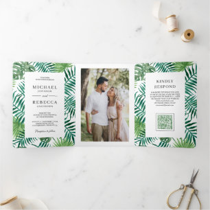 Green White Palm Leaves Tropical QR Code Wedding Tri-Fold Invitation
