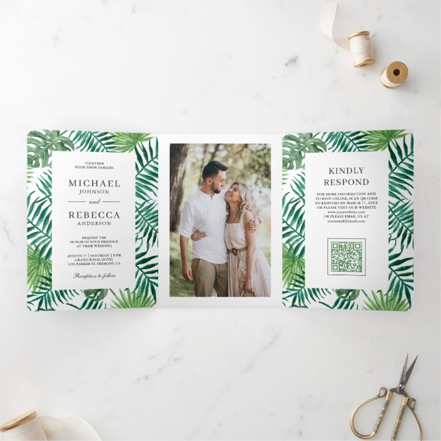 Green White Palm Leaves Tropical QR Code Wedding Tri-Fold Invitation (Inside)