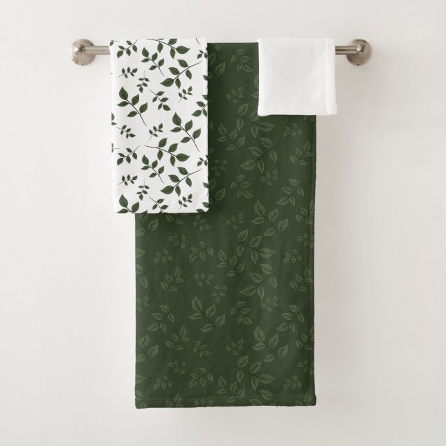 Green white pattern leaves  bath towel set (Insitu)