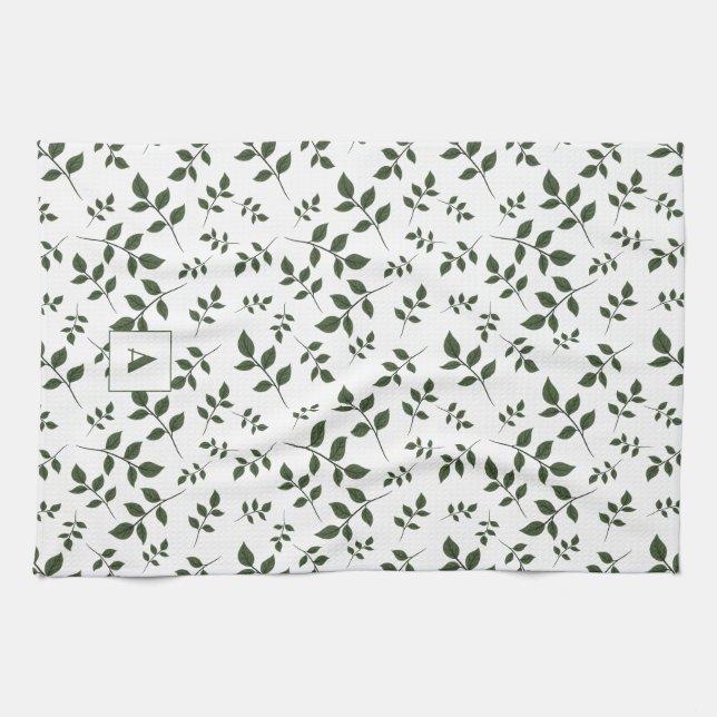Green white pattern leaves monogram tea towel (Horizontal)