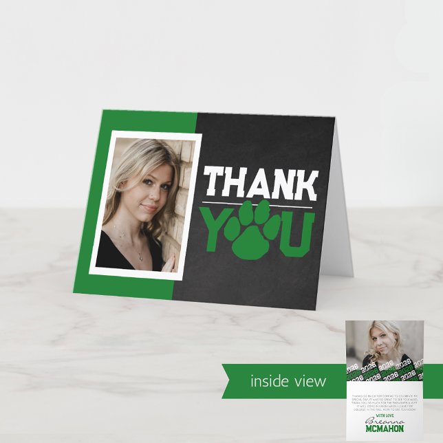Green & White Paw Print Graduation 2 Photo Folding Thank You Card (Green, White and Black Folding Pawprint Graduation 2 Photo Thank You Cards)