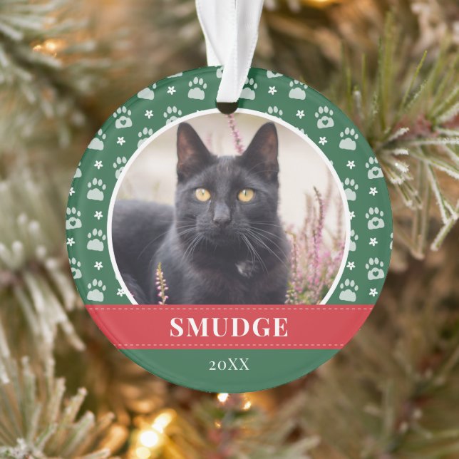 Green White Paw Print Pattern Pet Photo Ornament (Tree)