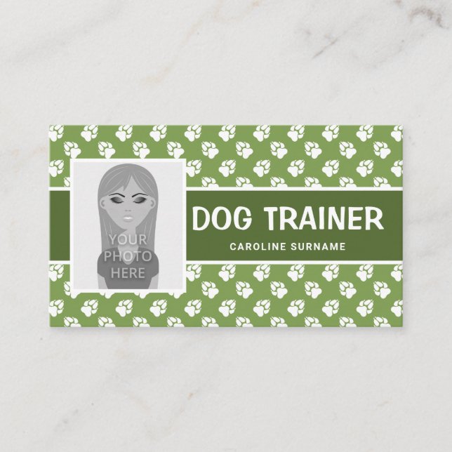 Green & White Paws & Photo Template - Dog Trainer Business Card (Front)