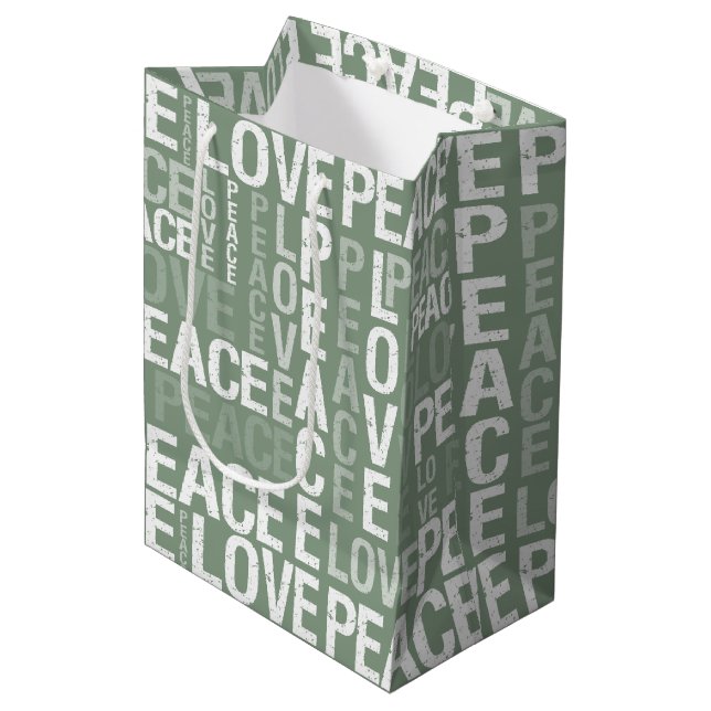 Green White Peace Love Christmas Medium Gift Bag (Front Angled)