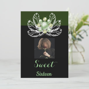 Green & White Pearl Diamonds Sweet 16 Invitation