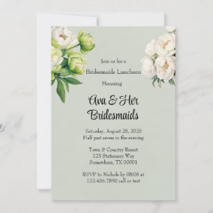 Green White Peony Elegant Bridesmaids Luncheon Invitation