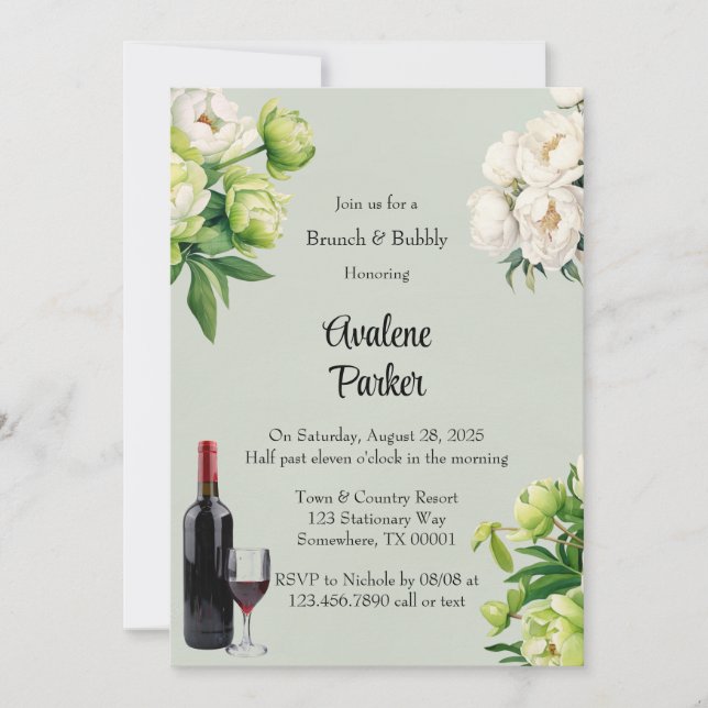 Green White Peony Elegant Brunch & Bubbly Invitation (Front)