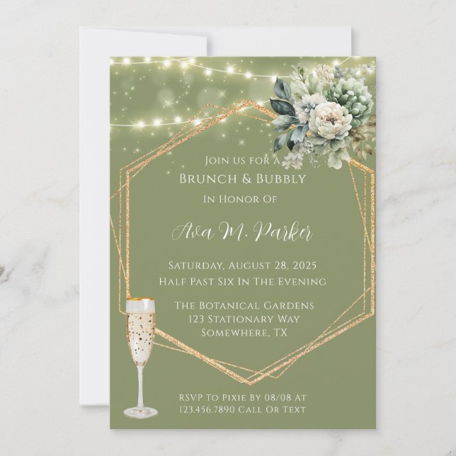 Green White Peony Lights Brunch & Bubbly Invitation (Front)
