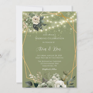 Green White Peony Lights Wedding Celebration  Invitation