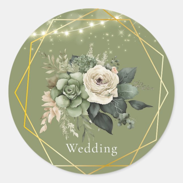 Green White Peony Lights Wedding Classic Round Sticker (Front)