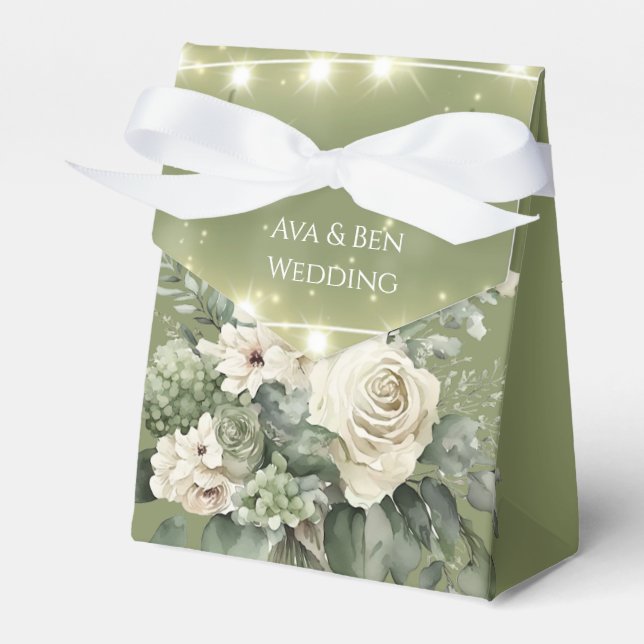 Green White Peony Lights Wedding Favour Box (Front Side)