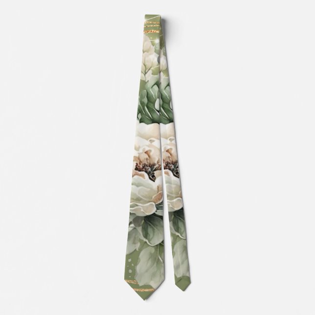 Green White Peony Lights Wedding Groom Tie (Front)