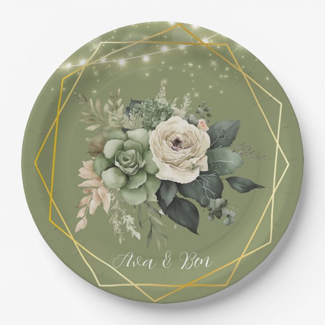 Green White Peony Lights Wedding Paper Plate (Front)
