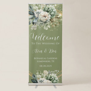 Green White Peony Lights Wedding Welcome Sign